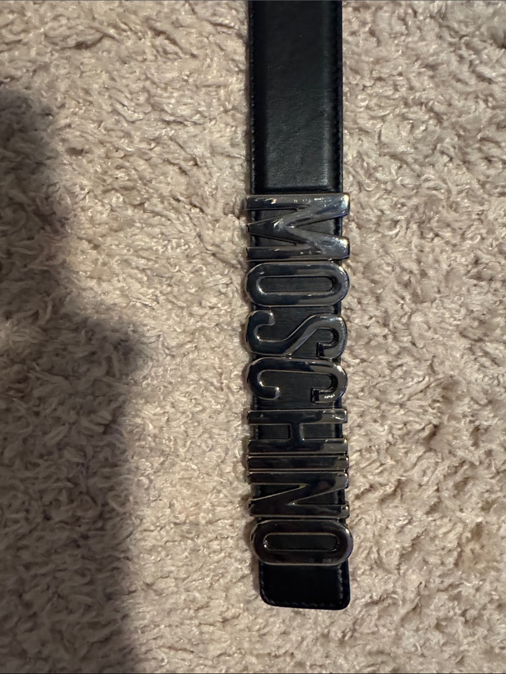 Moschino Black Leather Belt with Silver Logo Plaque